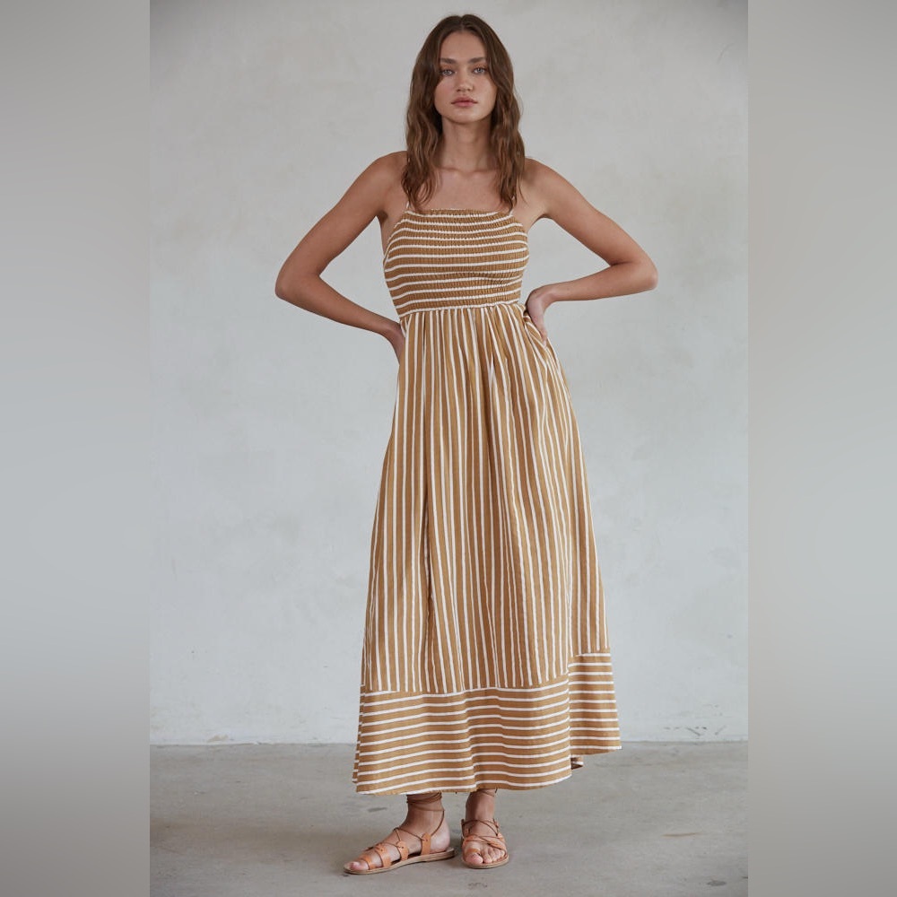 By Together Tan and White Striped Maxi Dress